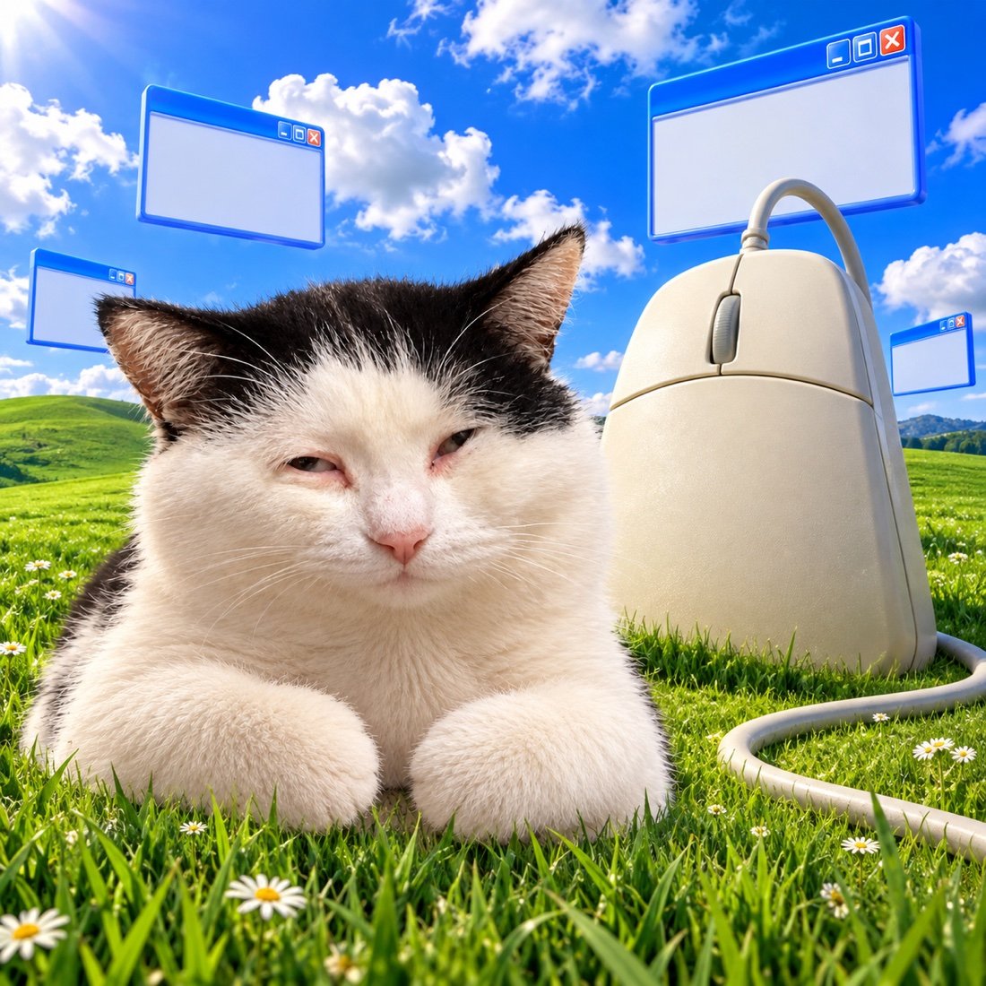 The sleepy cat on the XP hill beside a giant computer mouse.