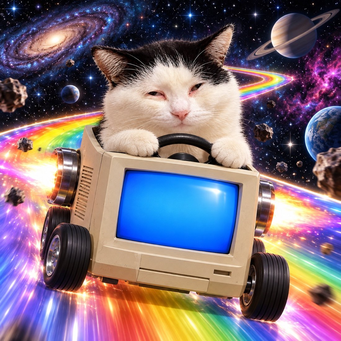 The cat drives a CRT computer down a rainbow space highway.