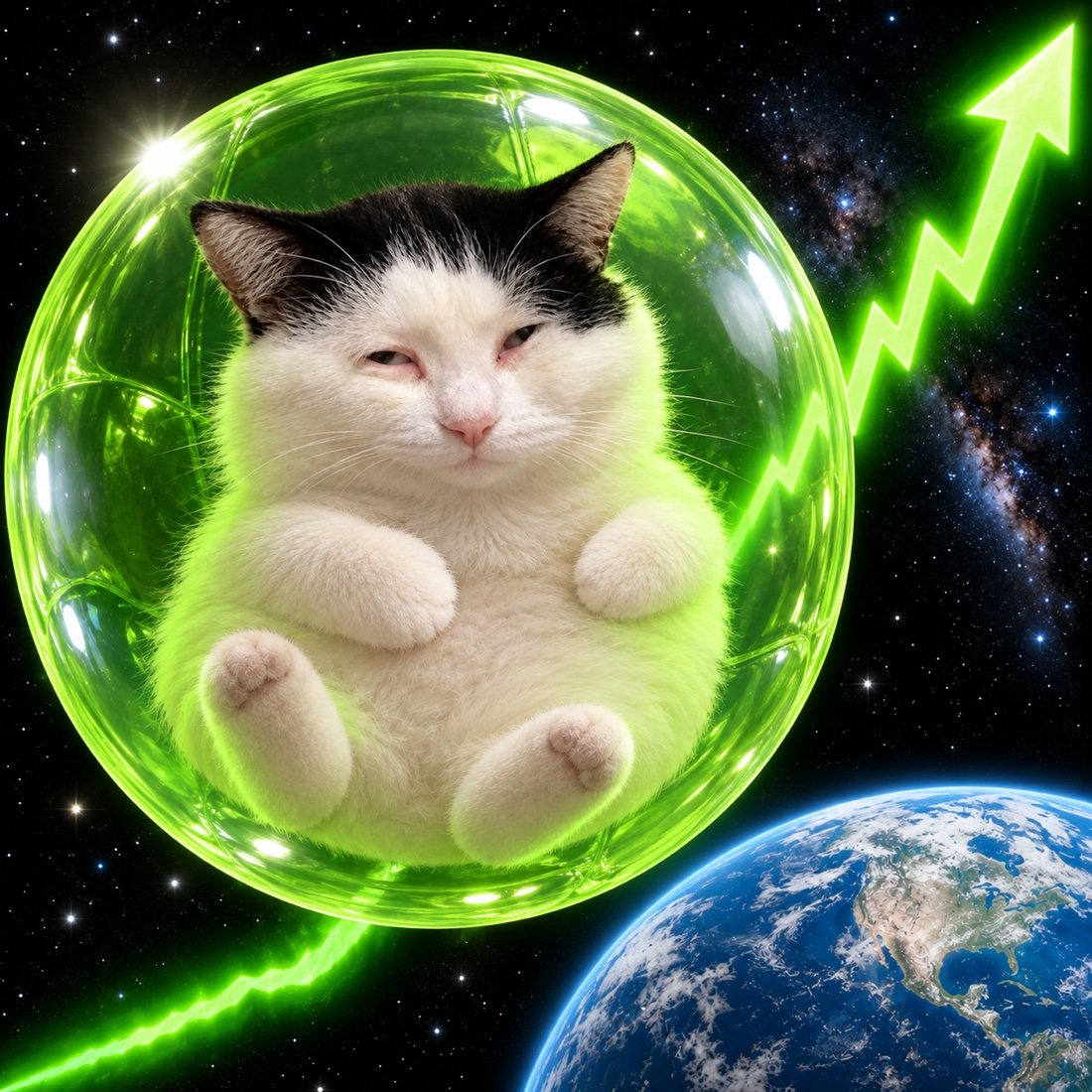 The cat floats above Earth inside a lime-green bubble.