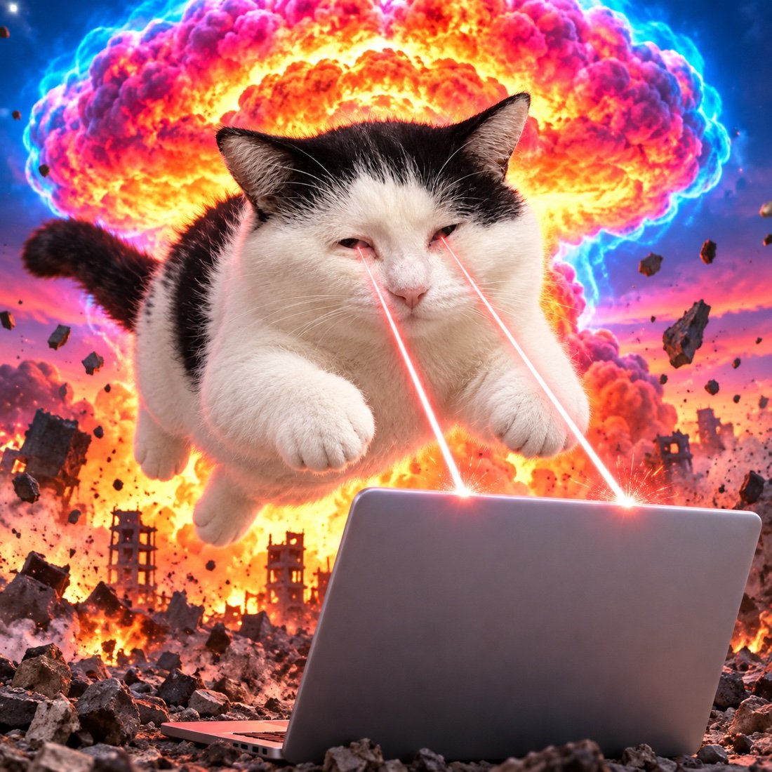 The deadpan cat jumps with laser eyes toward a laptop.