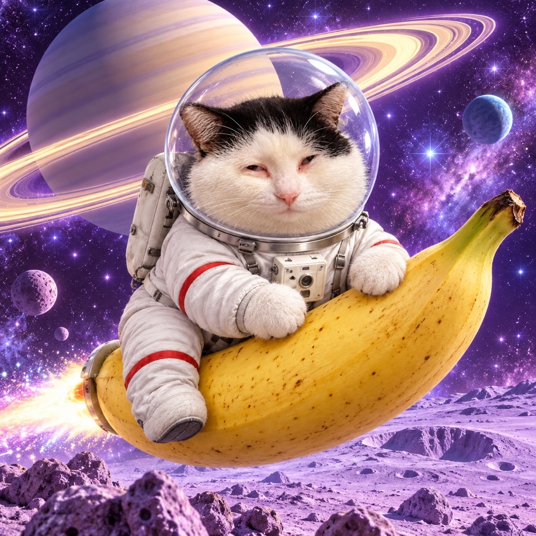 The cat rides a banana through space in an astronaut helmet.