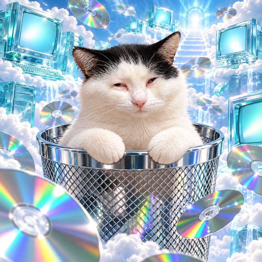 The cat emerges from a chrome recycle bin among flying CDs.